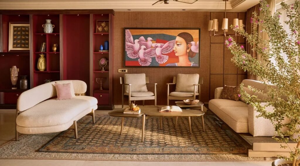 Modern paintings balanced with plants and decorative accessories