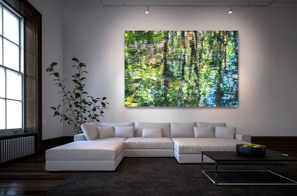 Accent lighting highlighting modern paintings for living room
