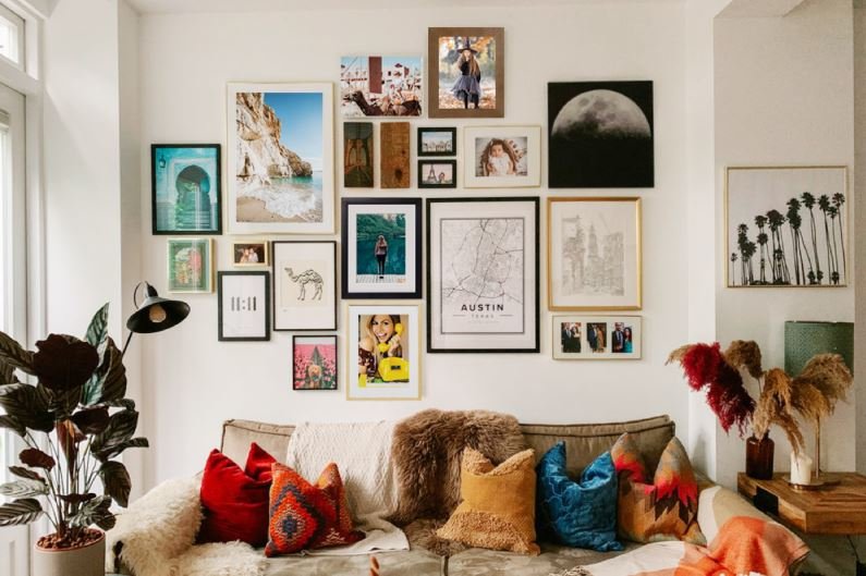 Modern gallery wall with contemporary paintings for living room