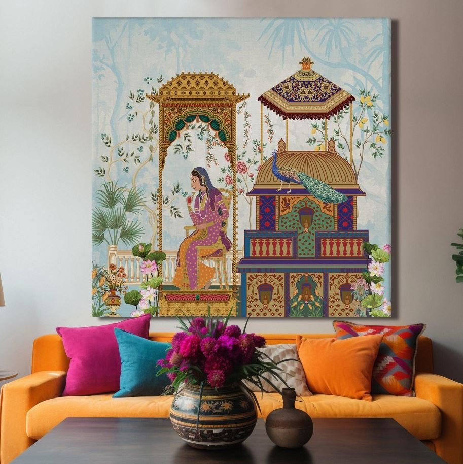 Modern paintings for living room coordinated with furniture