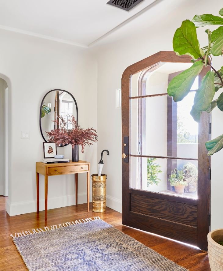 Stylish statement rug in a small house entrance lobby