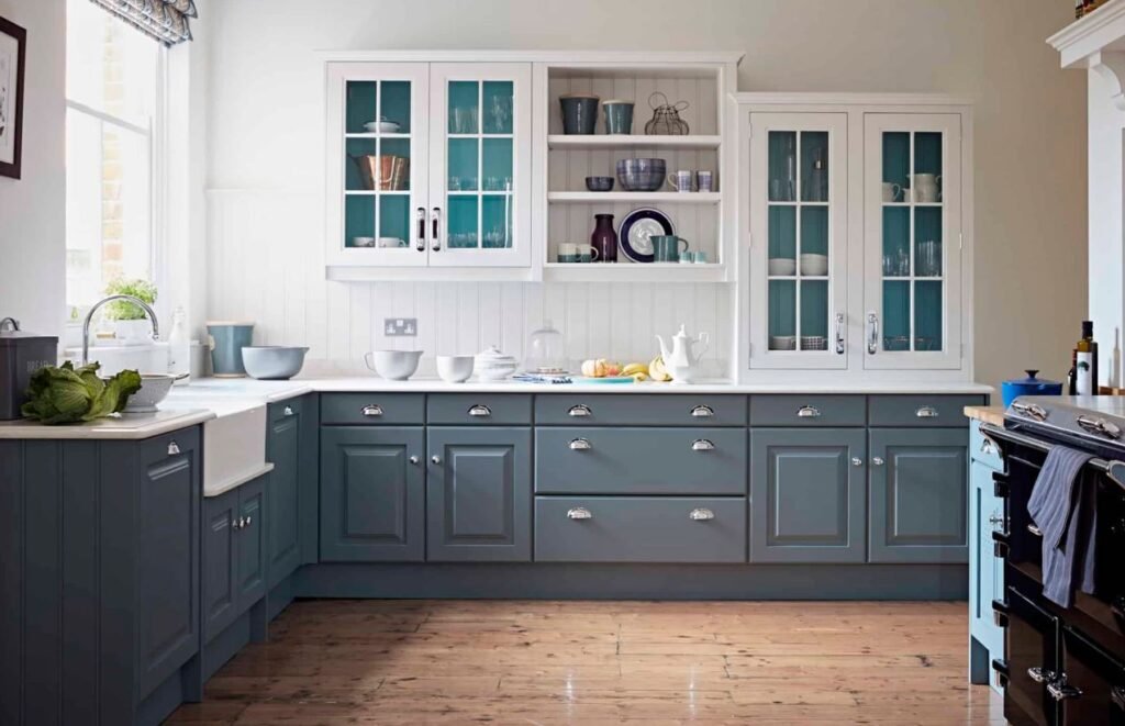 Country style kitchen cupboards with wooden cabinets and rustic finish
