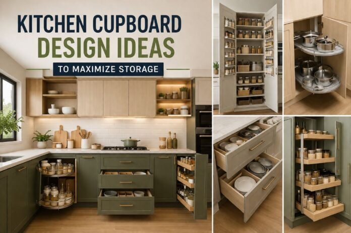 Modern kitchen cupboard design ideas featuring pull-out drawers, corner carousel units, pantry cabinets, and smart storage solutions to maximize kitchen space.