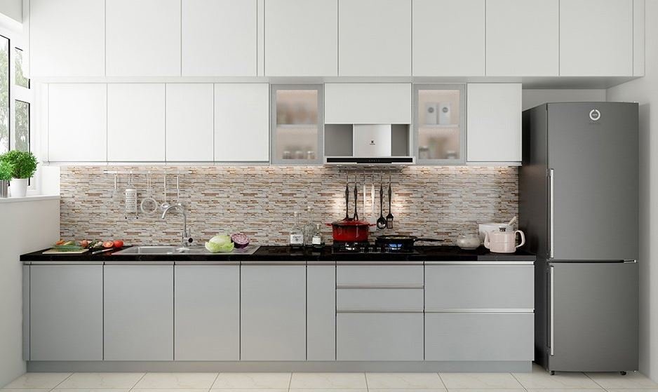 Metallic kitchen cupboards with a modern industrial-style finish