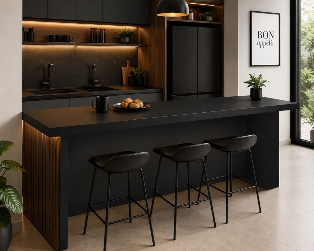 Black matte breakfast counter for a contemporary kitchen