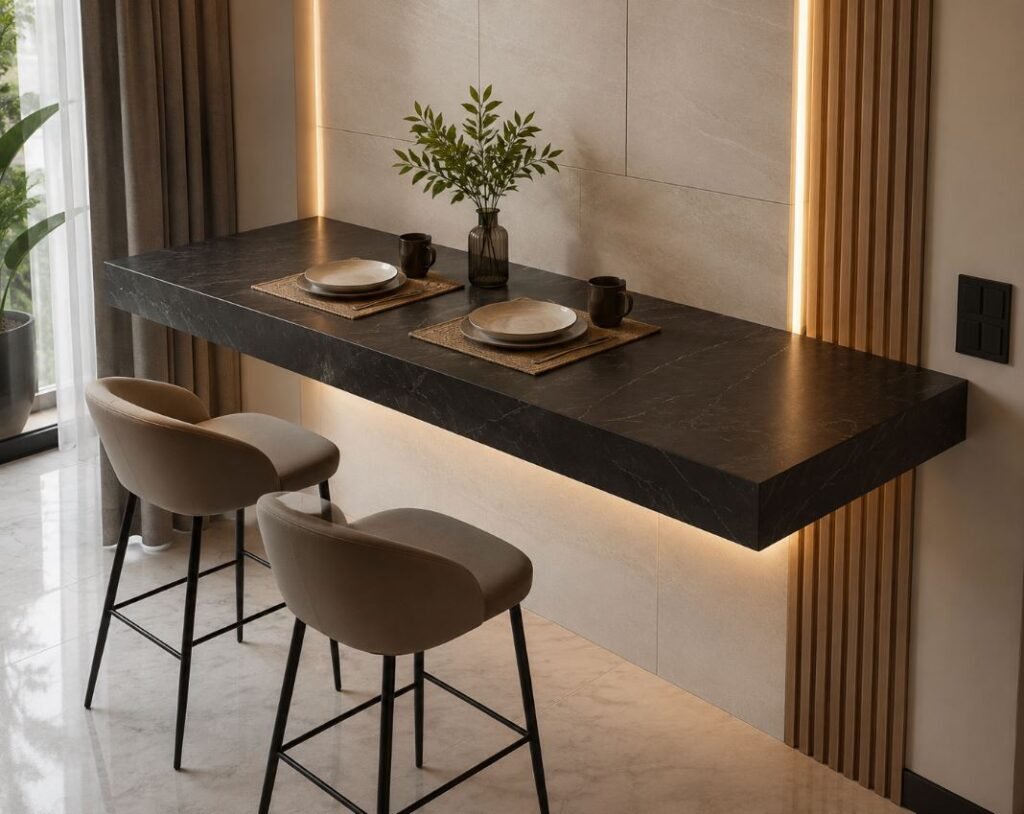 Space-saving floating breakfast counter design for small kitchens