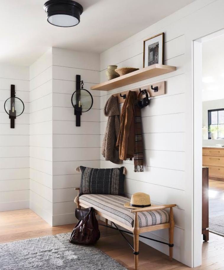 Floating shelf entrance design for smart storage in a small lobby