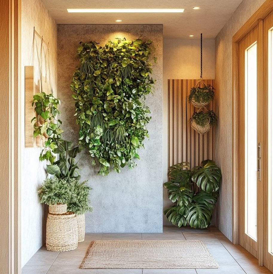 Small entrance lobby design with indoor plants for a fresh natural look