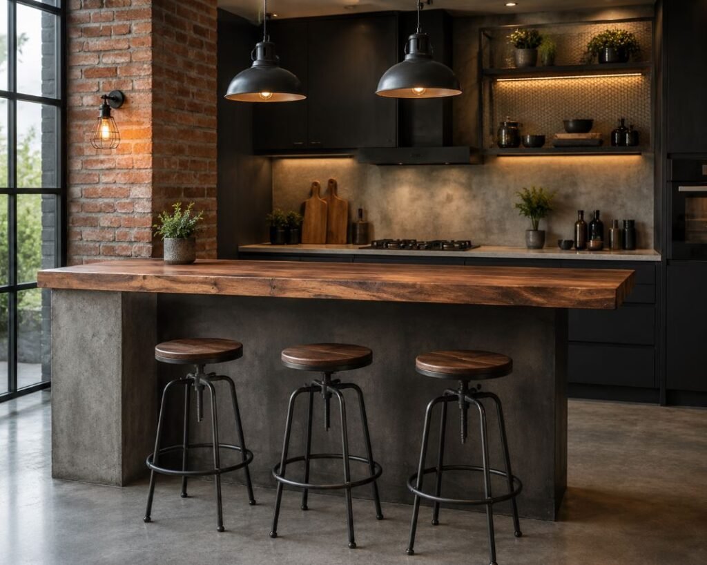 Industrial-style breakfast counter with wood and metal finishes