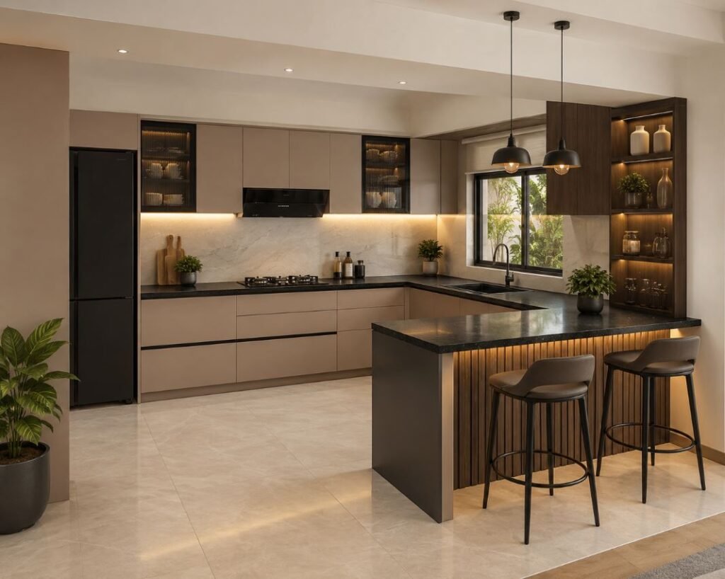 L-shaped open kitchen with stylish breakfast counter