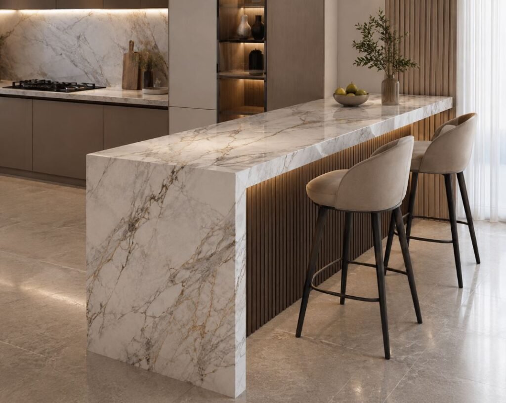 Elegant marble breakfast counter design for open kitchens