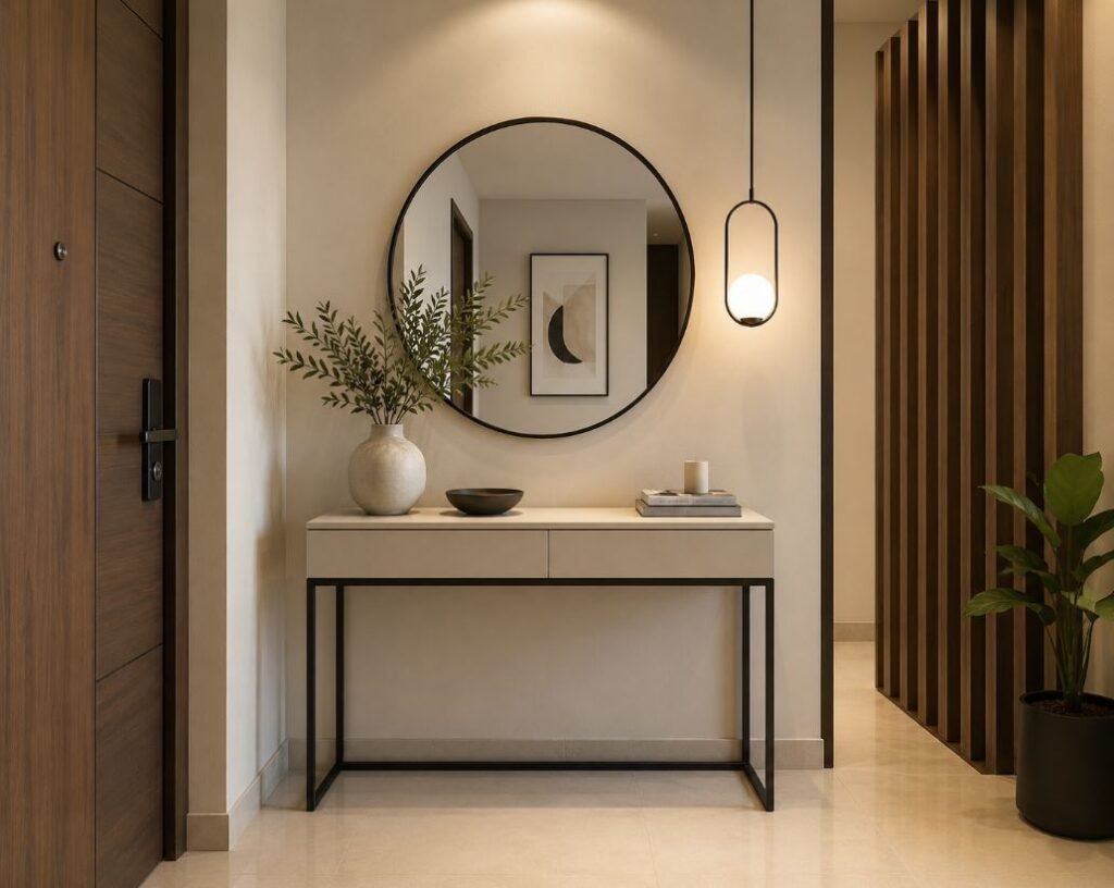 Minimalist console table entrance design with simple decor for a small lobby