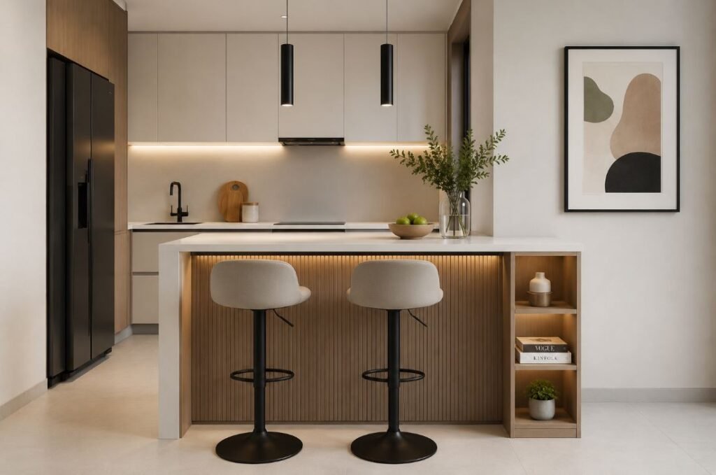 Modern minimalist open kitchen with breakfast counter design