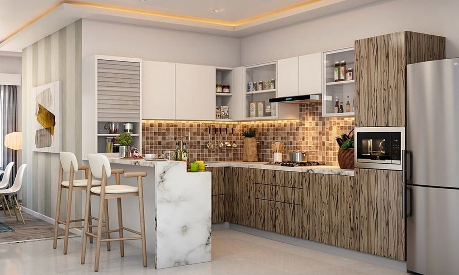 Open kitchen with a modern bar-style breakfast counter
