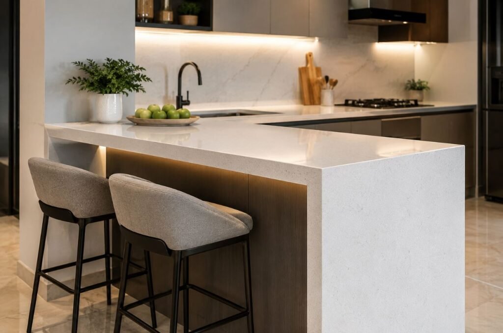 Durable quartz breakfast counter design for modern kitchens