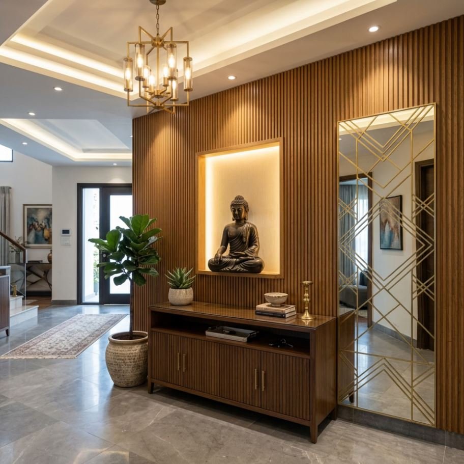 Reflective lobby area design using mirrors and surfaces to enhance space