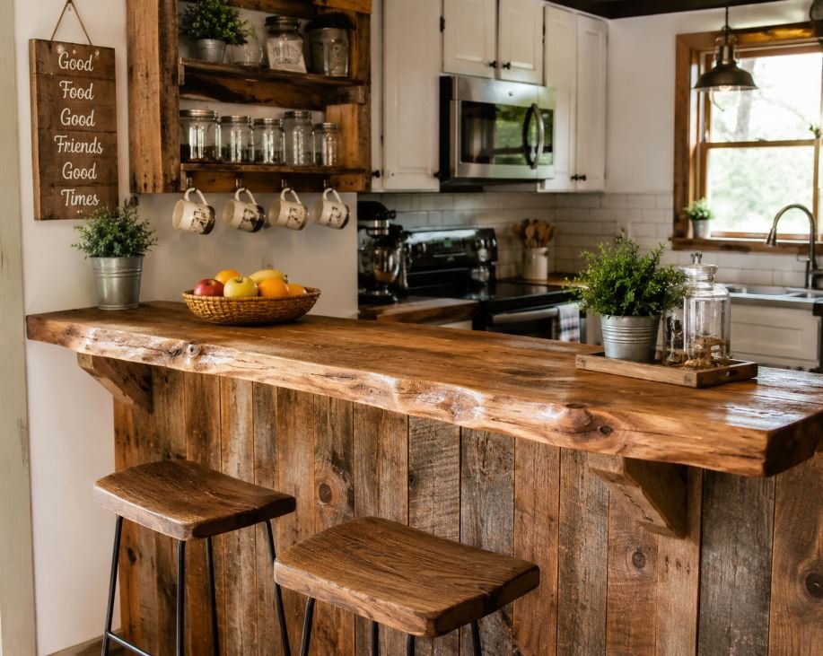 Rustic wooden breakfast counter for farmhouse-style kitchens