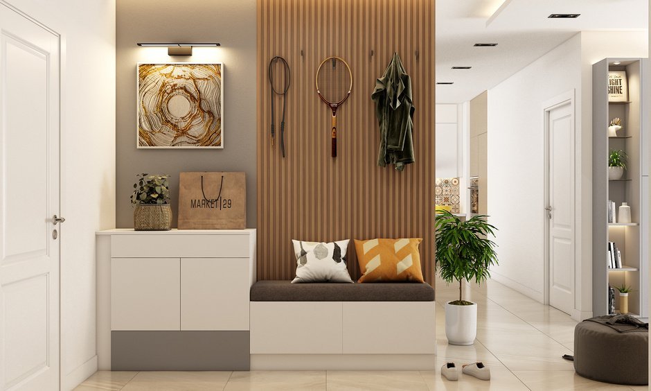Shoe cabinet with seating area for a functional small entrance lobby design