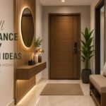 Small entrance lobby design ideas for modern homes with stylish decor, wooden accents, mirror, lighting, and space-saving furniture