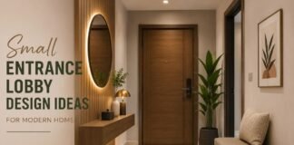 Small Entrance Lobby Design Ideas for Modern Homes Small entrance lobby design ideas for modern homes with stylish decor, wooden accents, mirror, lighting, and space-saving furniture
