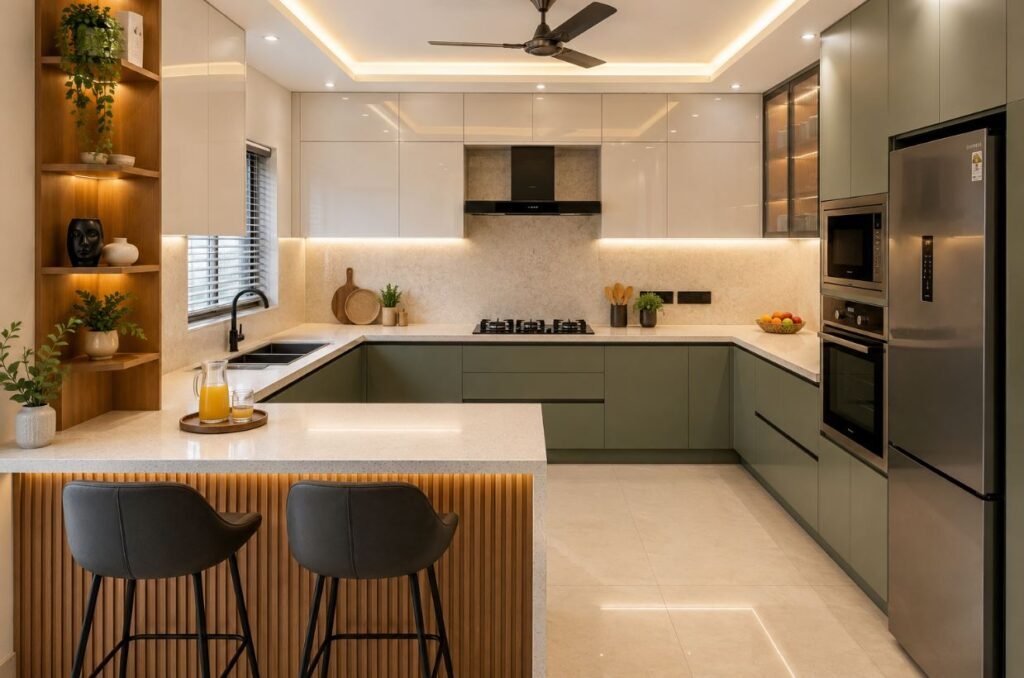 U-shaped kitchen featuring a functional breakfast counter