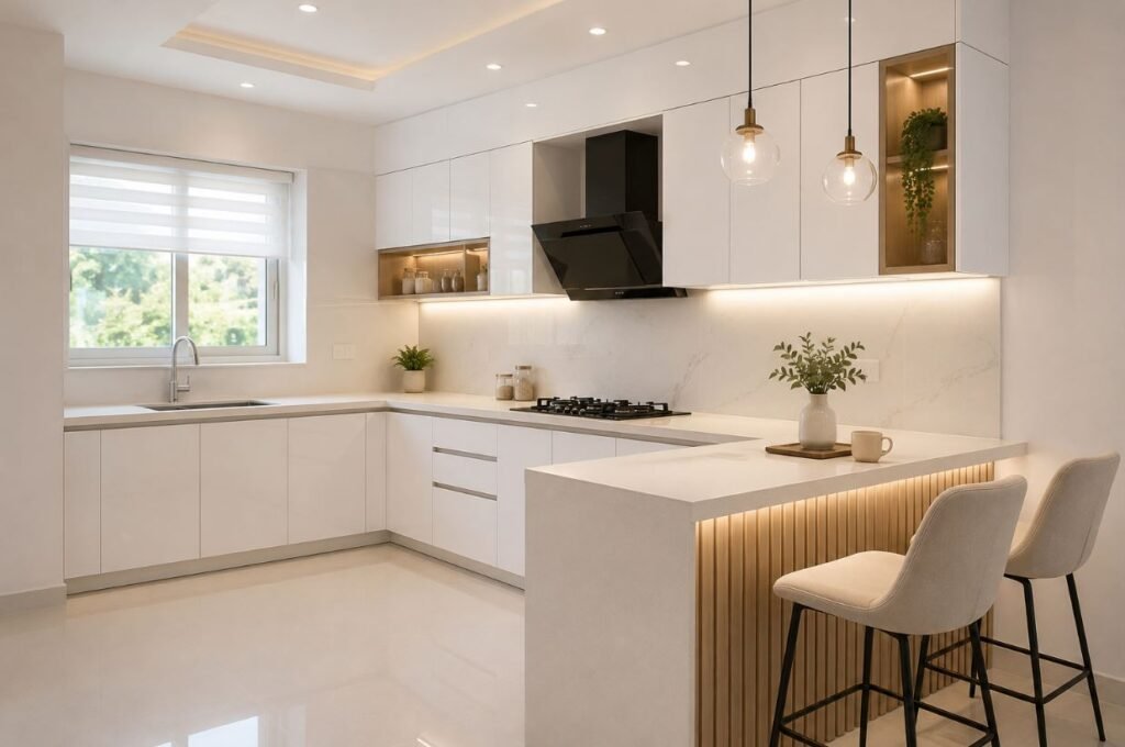 White modular kitchen with a stylish breakfast counter