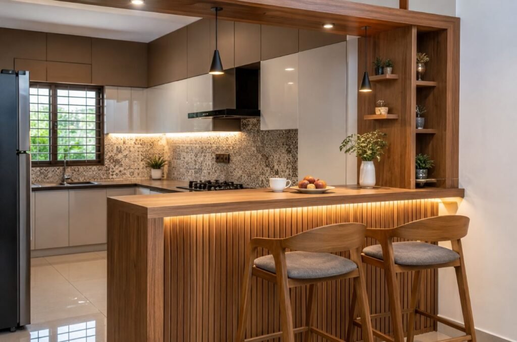 Wooden breakfast counter design for a warm and inviting kitchen