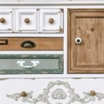 Vintage upcycled wooden cabinet with painted body natural wood tabletop and distressed antique detailing