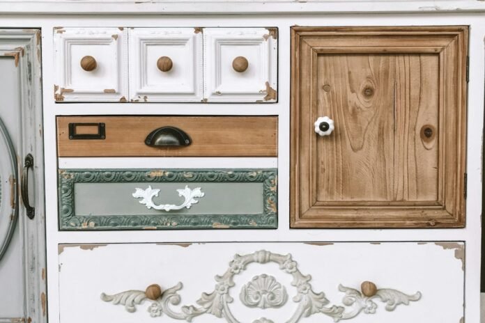 Vintage upcycled wooden cabinet with painted body natural wood tabletop and distressed antique detailing