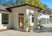 Contemporary Modern Farmhouse Exterior Siding and Black Window Frame Combinations Contemporary modern farmhouse exterior featuring crisp white vertical board and batten siding high contrast black window frames and warm natural wood accents