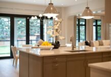 Layered Ambient Task and Accent Lighting Schemas for Open-Plan Living Areas Open plan living and dining space with elegant pendant lights layered ceiling illumination and warm ambient lighting
