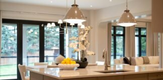 Layered Ambient Task and Accent Lighting Schemas for Open-Plan Living Areas Open plan living and dining space with elegant pendant lights layered ceiling illumination and warm ambient lighting