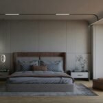 Serene modern master bedroom with warm recessed ceiling pot lights dimmable ambient illumination and layered minimalist bedding