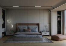 Recessed LED Ceiling Pot Light Spacing and Dimmable Lumens Guide for Bedrooms Serene modern master bedroom with warm recessed ceiling pot lights dimmable ambient illumination and layered minimalist bedding