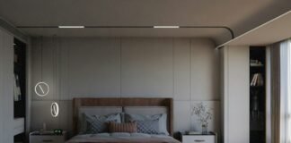 Recessed LED Ceiling Pot Light Spacing and Dimmable Lumens Guide for Bedrooms Serene modern master bedroom with warm recessed ceiling pot lights dimmable ambient illumination and layered minimalist bedding