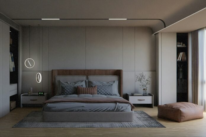 Serene modern master bedroom with warm recessed ceiling pot lights dimmable ambient illumination and layered minimalist bedding