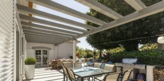 Weatherproof Covered Pergola Patio Designs for Year-Round Outdoor Entertainment Modern weatherproof covered pergola patio with comfortable outdoor seating dining area and architectural shelter
