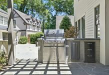Built-In Outdoor Kitchen BBQ Countertops and Stainless Steel Cabinet Planning Built-in outdoor kitchen BBQ island with stainless steel cabinets natural granite countertops and professional gas grill