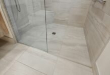 Walk-In Shower Tile Layout Inspirations for Contemporary Master Bathrooms Contemporary master bathroom walk-in shower tile layout with large format porcelain and recessed niche