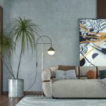 Oversized modern abstract canvas painting mounted with perfect proportions above an L-shaped sectional sofa in a luxury living room