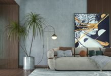 Oversized Abstract Canvas Wall Art Placement Above Sectional Sofas Oversized modern abstract canvas painting mounted with perfect proportions above an L-shaped sectional sofa in a luxury living room