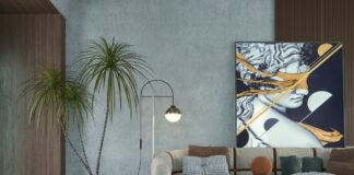 Oversized Abstract Canvas Wall Art Placement Above Sectional Sofas Oversized modern abstract canvas painting mounted with perfect proportions above an L-shaped sectional sofa in a luxury living room