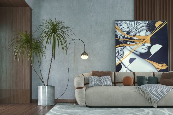 Oversized Abstract Canvas Wall Art Placement Above Sectional Sofas Oversized modern abstract canvas painting mounted with perfect proportions above an L-shaped sectional sofa in a luxury living room