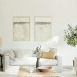 Warm neutral paint color palette in a bright sunlit modern living room with natural wood finishes