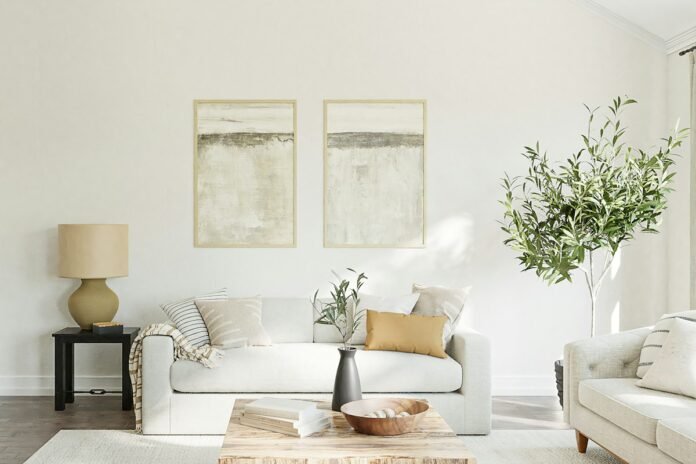 Warm neutral paint color palette in a bright sunlit modern living room with natural wood finishes