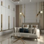 Calming earth-tone wall colors in a modern minimalist bedroom sanctuary with warm lighting