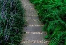 Modern Flagstone Walkway and Pea Gravel Garden Pathways for Outdoor Living Natural flagstone walkway set in pea gravel garden pathway surrounded by lush residential plantings