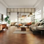 Modern studio apartment room divider and sliding glass partition system separating living and bedroom areas